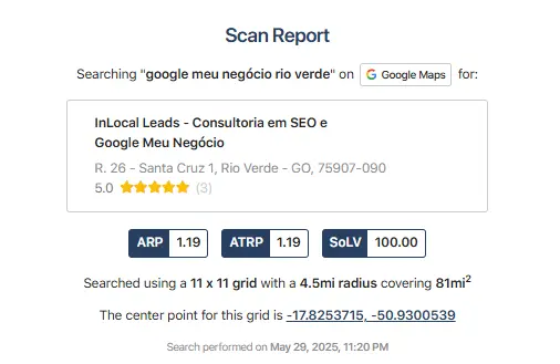 dados oficiais local falcon inlocal leads seo local rio verde go